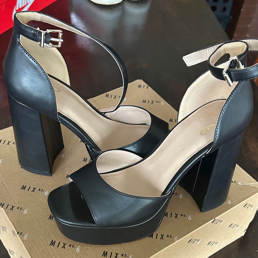 Mix No. 6 Black Platform Block Heel Sandals with Ankle Strap